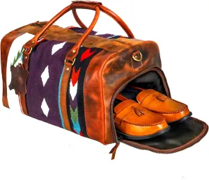 Handmade Premium Duffle Bag leather heavy duty Gym Sports Airplane Overnight Luggage Carry On Unisex Travel Hand woven Rug Bag Wollen Bag Gift for His/Her_09