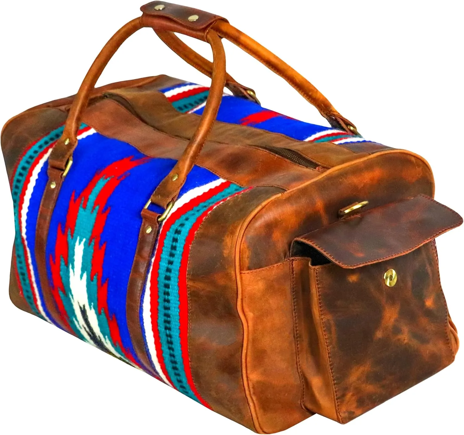 Handmade Premium Duffle Bag leather heavy duty Gym Sports Airplane Overnight Luggage Carry On Unisex Travel woven Rug Bag Wollen Bag Gift for His/Her (RUG DUFFLE BAG DESIGN_05)