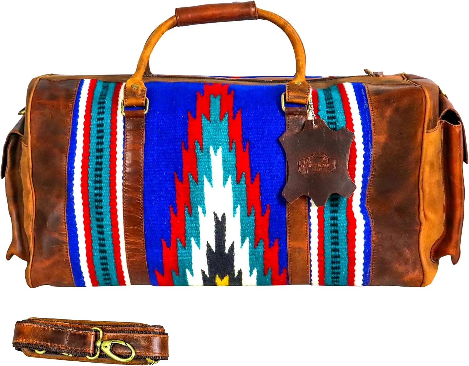 Handmade Premium Duffle Bag leather heavy duty Gym Sports Airplane Overnight Luggage Carry On Unisex Travel woven Rug Bag Wollen Bag Gift for His/Her (RUG DUFFLE BAG DESIGN_05)