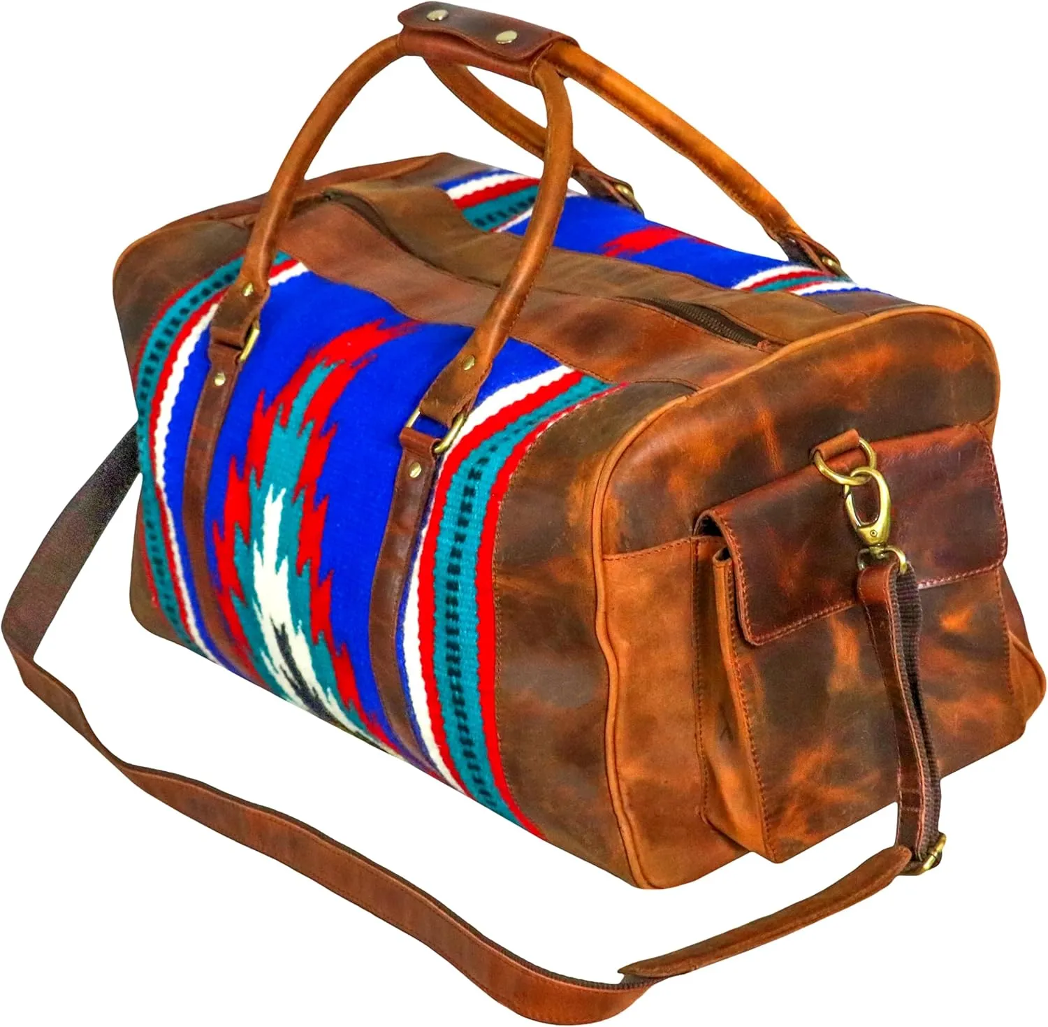 Handmade Premium Duffle Bag leather heavy duty Gym Sports Airplane Overnight Luggage Carry On Unisex Travel woven Rug Bag Wollen Bag Gift for His/Her (RUG DUFFLE BAG DESIGN_05)