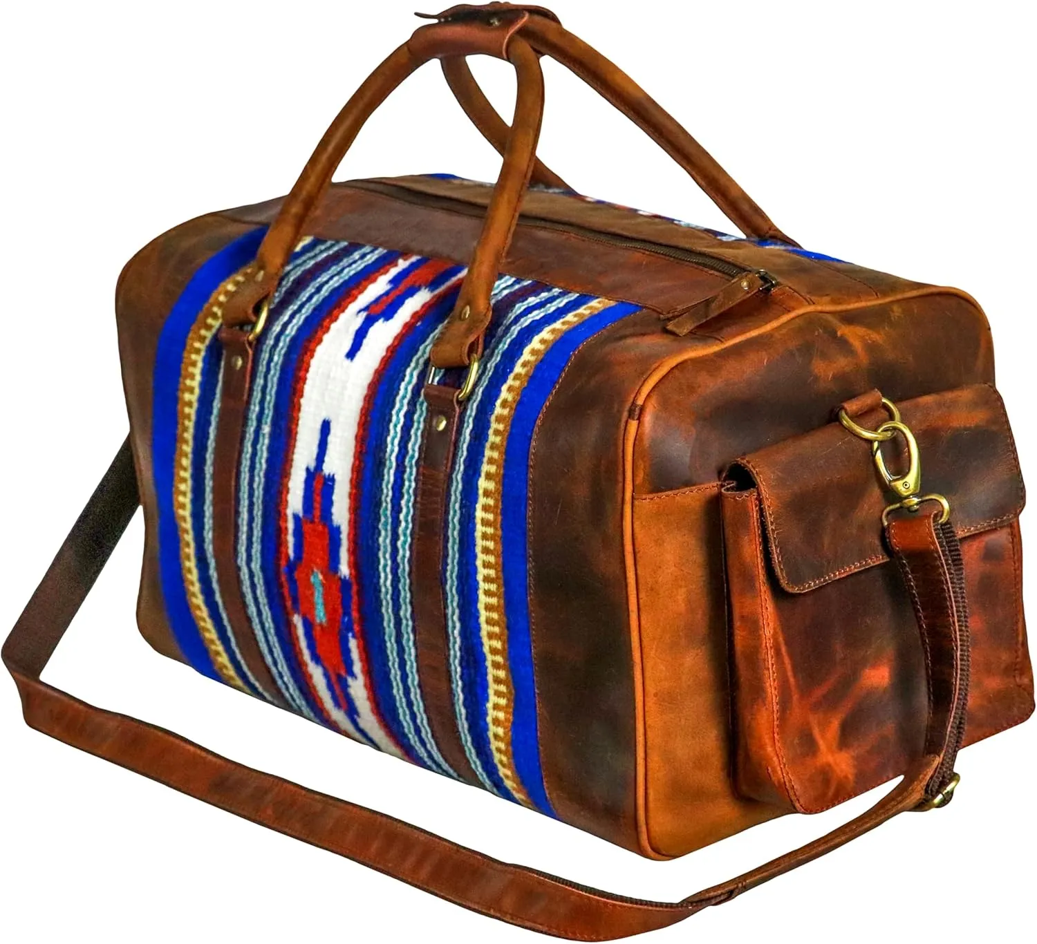 Handmade Premium Duffle Bag leather heavy duty Gym Sports Airplane Overnight Luggage Carry On Unisex Travel woven Rug Bag Wollen Bag Gift for His/Her (RUG DUFFLE BAG DESIGN_06)