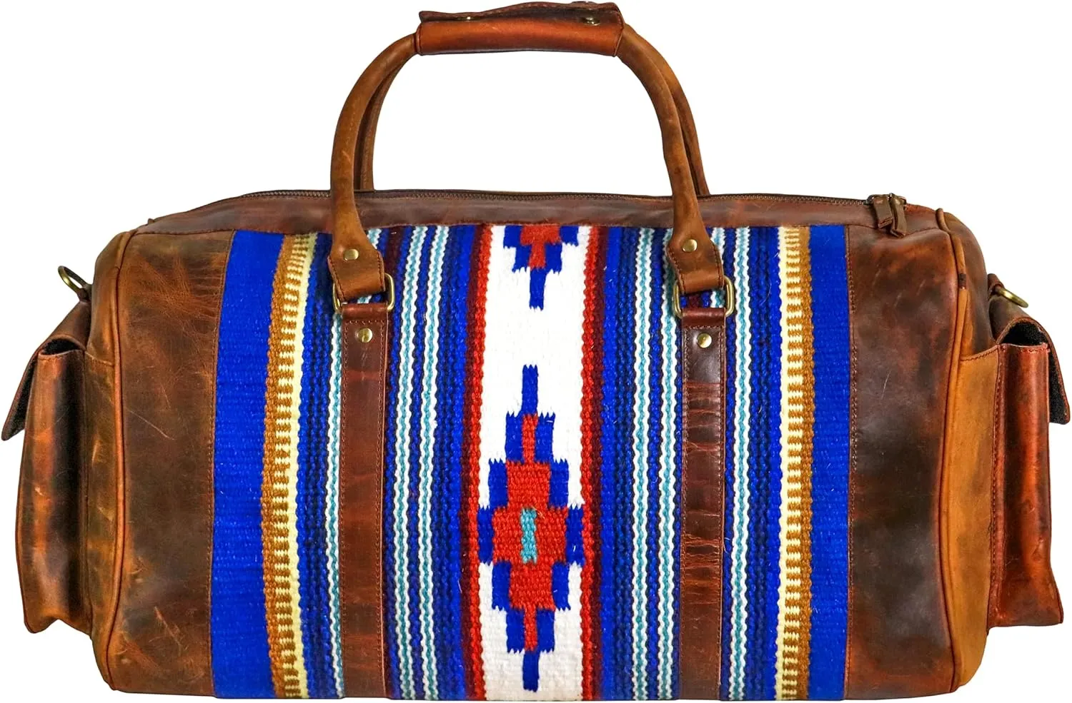Handmade Premium Duffle Bag leather heavy duty Gym Sports Airplane Overnight Luggage Carry On Unisex Travel woven Rug Bag Wollen Bag Gift for His/Her (RUG DUFFLE BAG DESIGN_06)