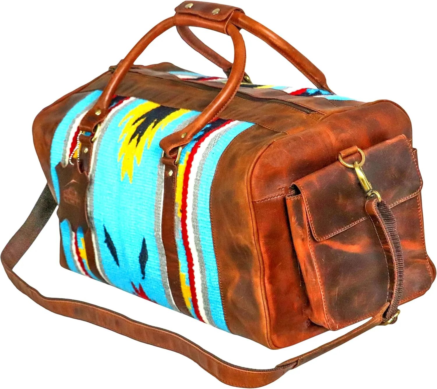 Handmade Premium Duffle Bag leather heavy duty Gym Sports Airplane Overnight Luggage Carry On Unisex Travel woven Rug Bag Wollen Bag Gift for His/Her (RUG DUFFLE BAG DESIGN_07)