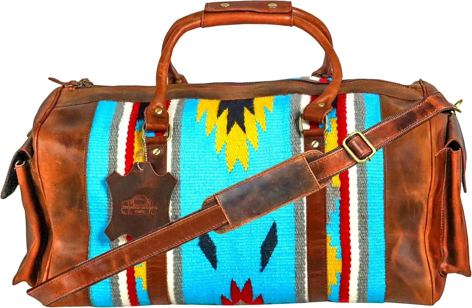 Handmade Premium Duffle Bag leather heavy duty Gym Sports Airplane Overnight Luggage Carry On Unisex Travel woven Rug Bag Wollen Bag Gift for His/Her (RUG DUFFLE BAG DESIGN_07)