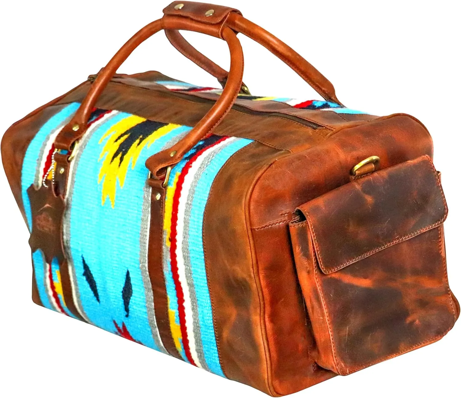 Handmade Premium Duffle Bag leather heavy duty Gym Sports Airplane Overnight Luggage Carry On Unisex Travel woven Rug Bag Wollen Bag Gift for His/Her (RUG DUFFLE BAG DESIGN_07)