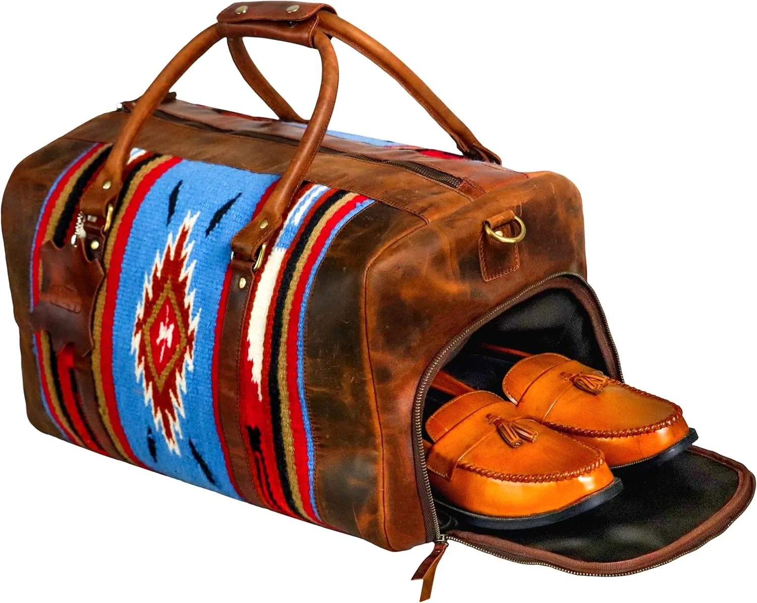 Handmade Premium Duffle Bag leather heavy duty Gym Sports Airplane Overnight Luggage Carry On Unisex Travel woven Rug Bag Wollen Bag Gift for His/Her (RUG DUFFLE BAG MODULE_01)