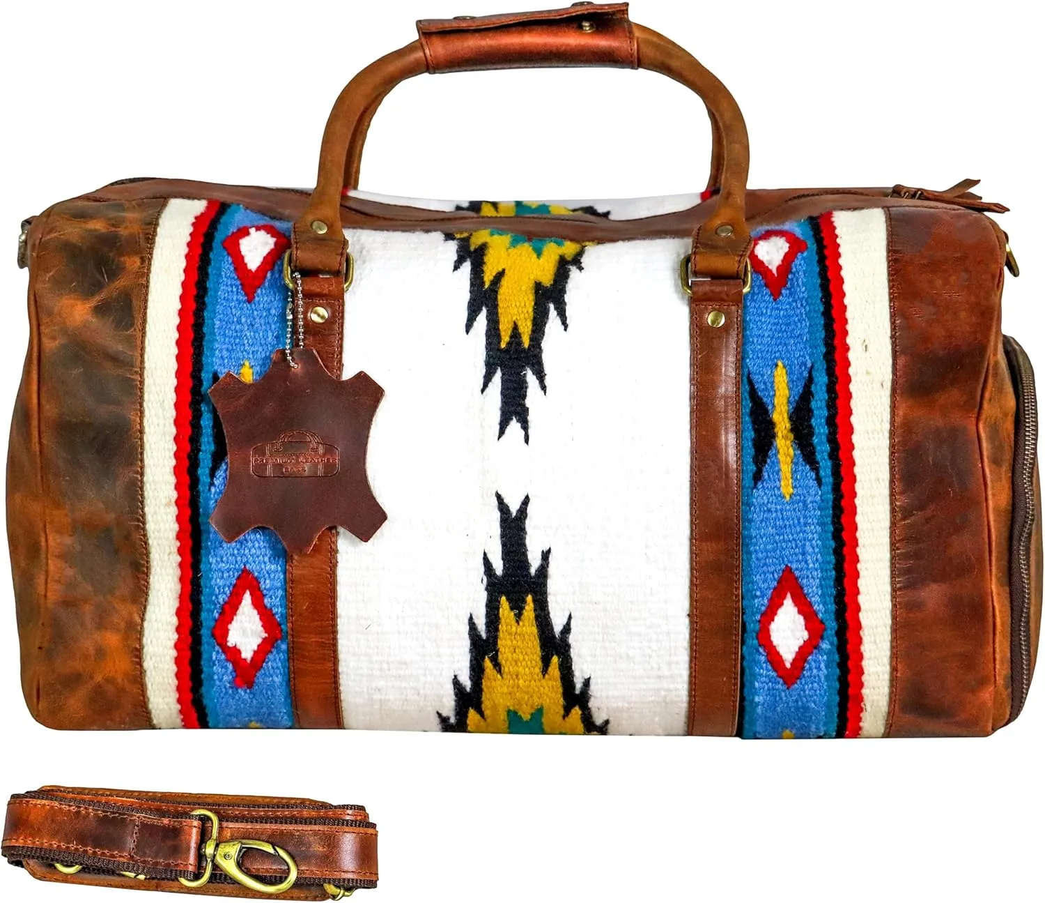 Handmade Premium Duffle Bag leather heavy duty Gym Sports Airplane Overnight Luggage Carry On Unisex Travel woven Rug Bag Wollen Bag Gift His/Her (RUG DUFFLE BAG MODULE_03)