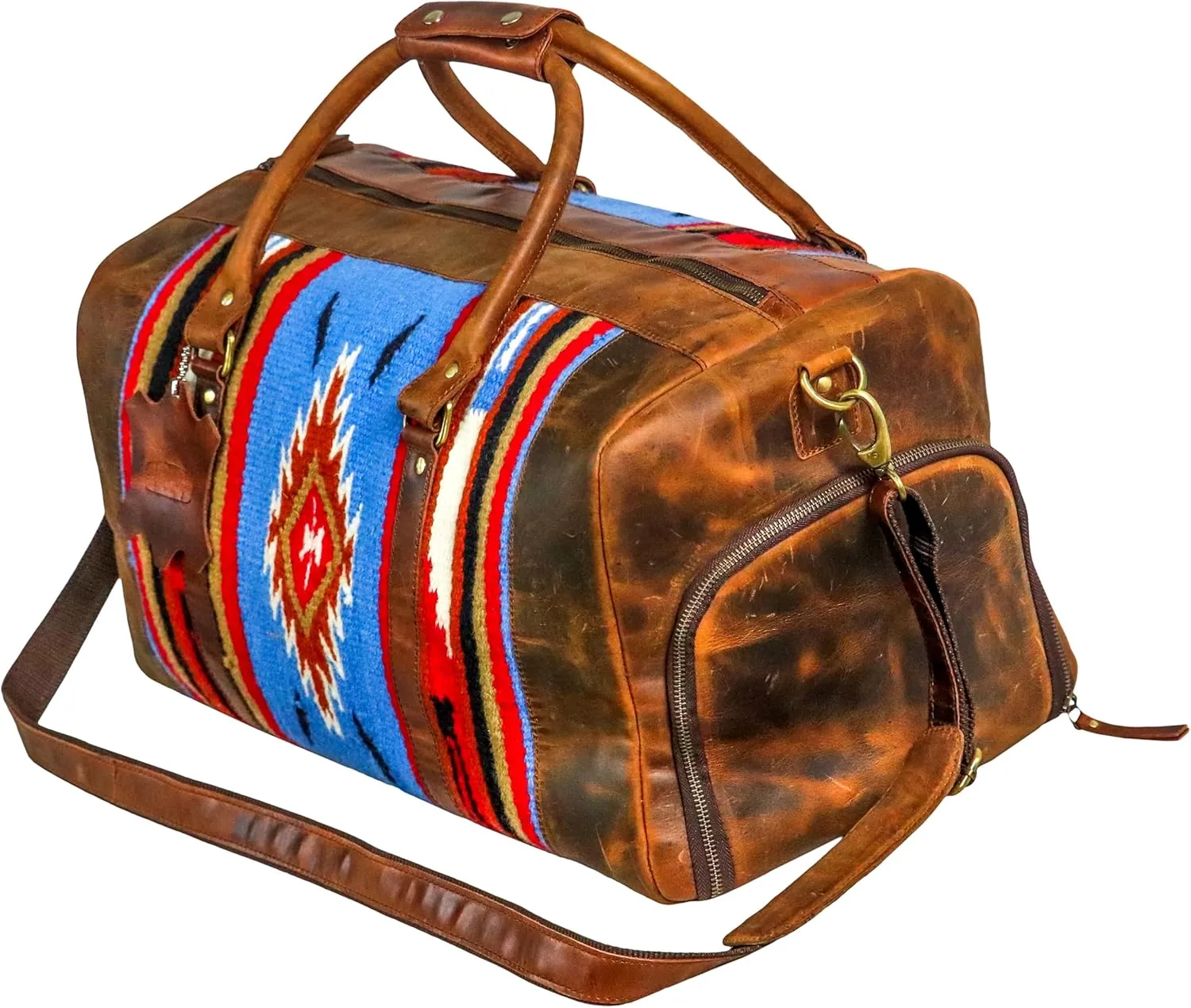 Handmade Premium Duffle Bag leather heavy duty Gym Sports Airplane Overnight Luggage Carry On Unisex Travel woven Rug Bag Wollen Hand Bag Gift for His/Her (RUG DUFFLE BAG ARTICLE_02)