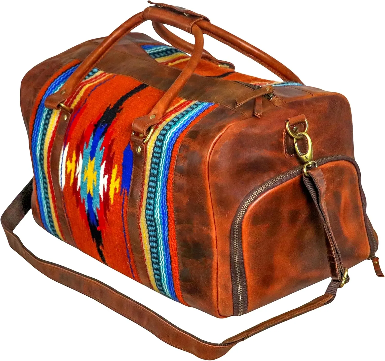 Handmade Premium Duffle Bag leather heavy duty Gym Sports Airplane Overnight Luggage Carry On Unisex Travel woven Rug Bag Wollen Hand Bag Gift for His/Her (RUG DUFFLE BAG ARTICLE_03)