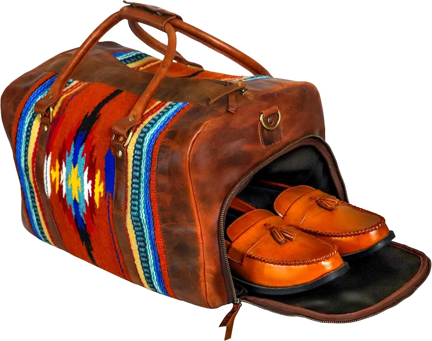 Handmade Premium Duffle Bag leather heavy duty Gym Sports Airplane Overnight Luggage Carry On Unisex Travel woven Rug Bag Wollen Hand Bag Gift for His/Her (RUG DUFFLE BAG ARTICLE_03)
