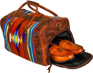 Handmade Premium Duffle Bag leather heavy duty Gym Sports Airplane Overnight Luggage Carry On Unisex Travel woven Rug Bag Wollen Hand Bag Gift for His/Her (RUG DUFFLE BAG ARTICLE_03)