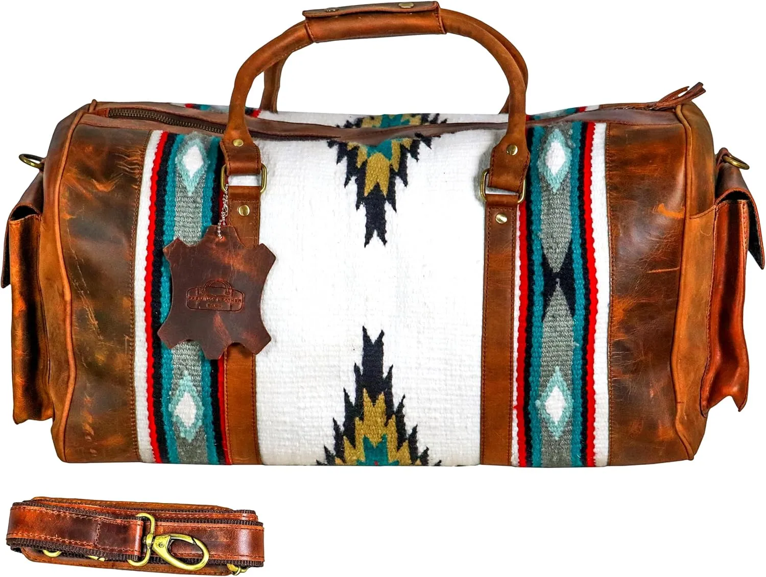 Handmade Premium Duffle Bag leather heavy duty Gym Sports Airplane Overnight Luggage Carry On Unisex Travel woven Rug Bag Wollen Hand Bag Gift for His/Her (Rug Duffle Bag Module_07)