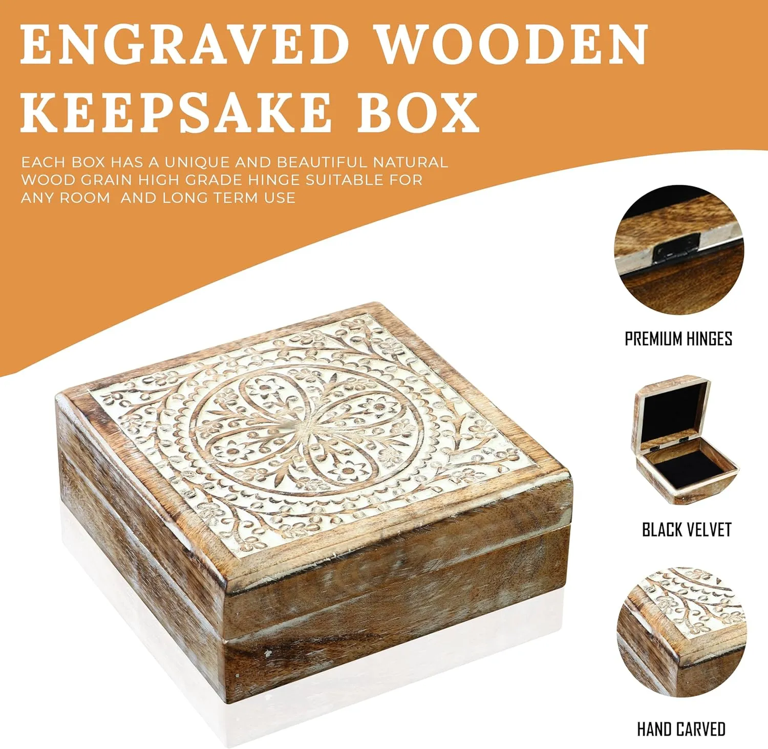 Handmade Wooden Keepsake Box with Lid – Engraved Memory Box for Trinkets, Jewelry & Crystals – Decorative Gift for Men & Women – White