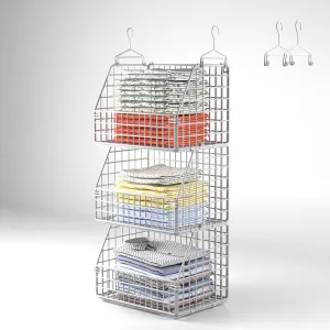Hanging Closet Organizer and Storage, Clothes Hanging Shelves Wire Baskets for Clothing Sweaters Purse Handbags Shoes White 3 Tier