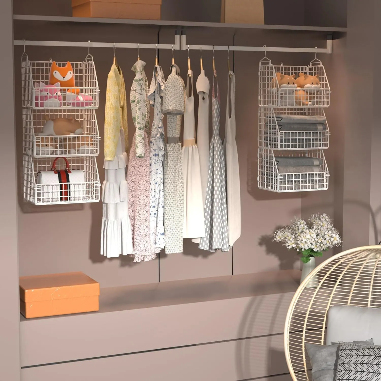 Hanging Closet Organizer and Storage, Clothes Hanging Shelves Wire Baskets for Clothing Sweaters Purse Handbags Shoes White 3 Tier