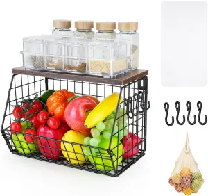 Hanging Fruit Basket, Metal Fruit Bowl with Lid for Counter Wall-Mounted, Stackable Black Vegetable Rack with Mesh Bag, Storage Organizer with Banana Hanger for Kitchens, Pantry, Snack (1PCS)