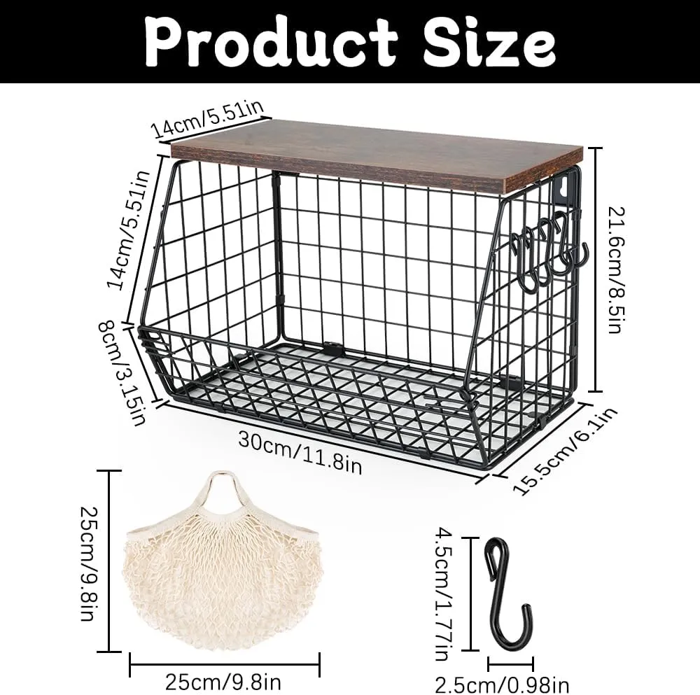 Hanging Fruit Basket, Metal Fruit Bowl with Lid for Counter Wall-Mounted, Stackable Black Vegetable Rack with Mesh Bag, Storage Organizer with Banana Hanger for Kitchens, Pantry, Snack (1PCS)