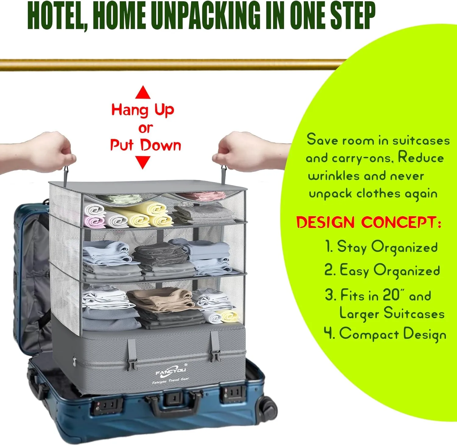 Hanging Packing Cubes for Suitcase Organizer Bags, Upgraded Nylon Fabric Portable Closet 17 * 12 * 24in, Compression Packing and Unpacking In One Step for Business Travel Essentials