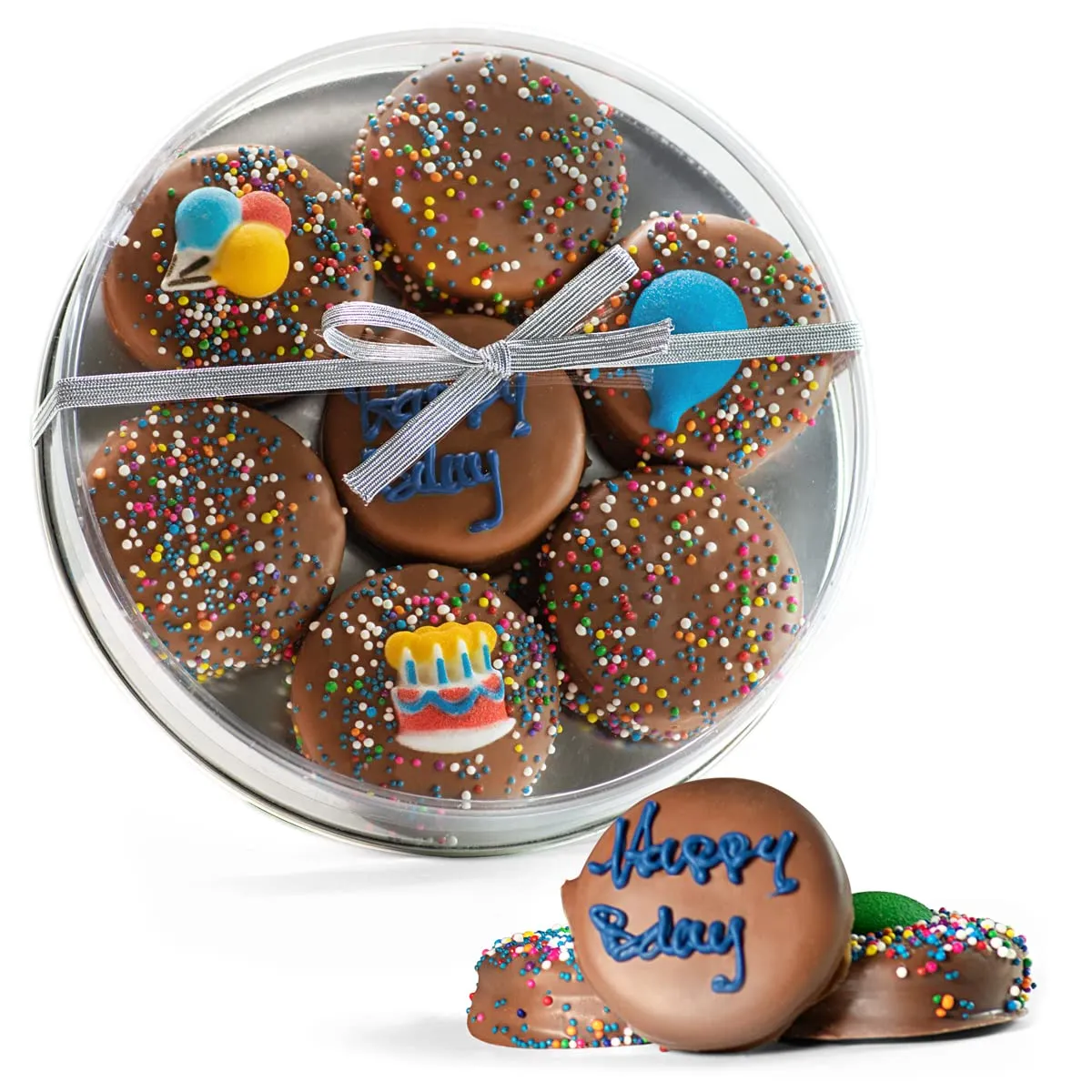 Happy Birthday Milk Chocolate Covered Sandwich Cookies, Custom 7 Pc. Blue Gift Basket, Fresh Hand Decorated Assortment, Sweet Multi-Layered Sandwich Treats for Kids and Adults
