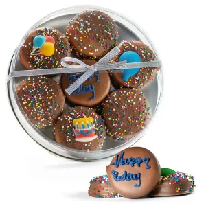 Happy Birthday Milk Chocolate Covered Sandwich Cookies, Custom 7 Pc. Blue Gift Basket, Fresh Hand Decorated Assortment, Sweet Multi-Layered Sandwich Treats for Kids and Adults