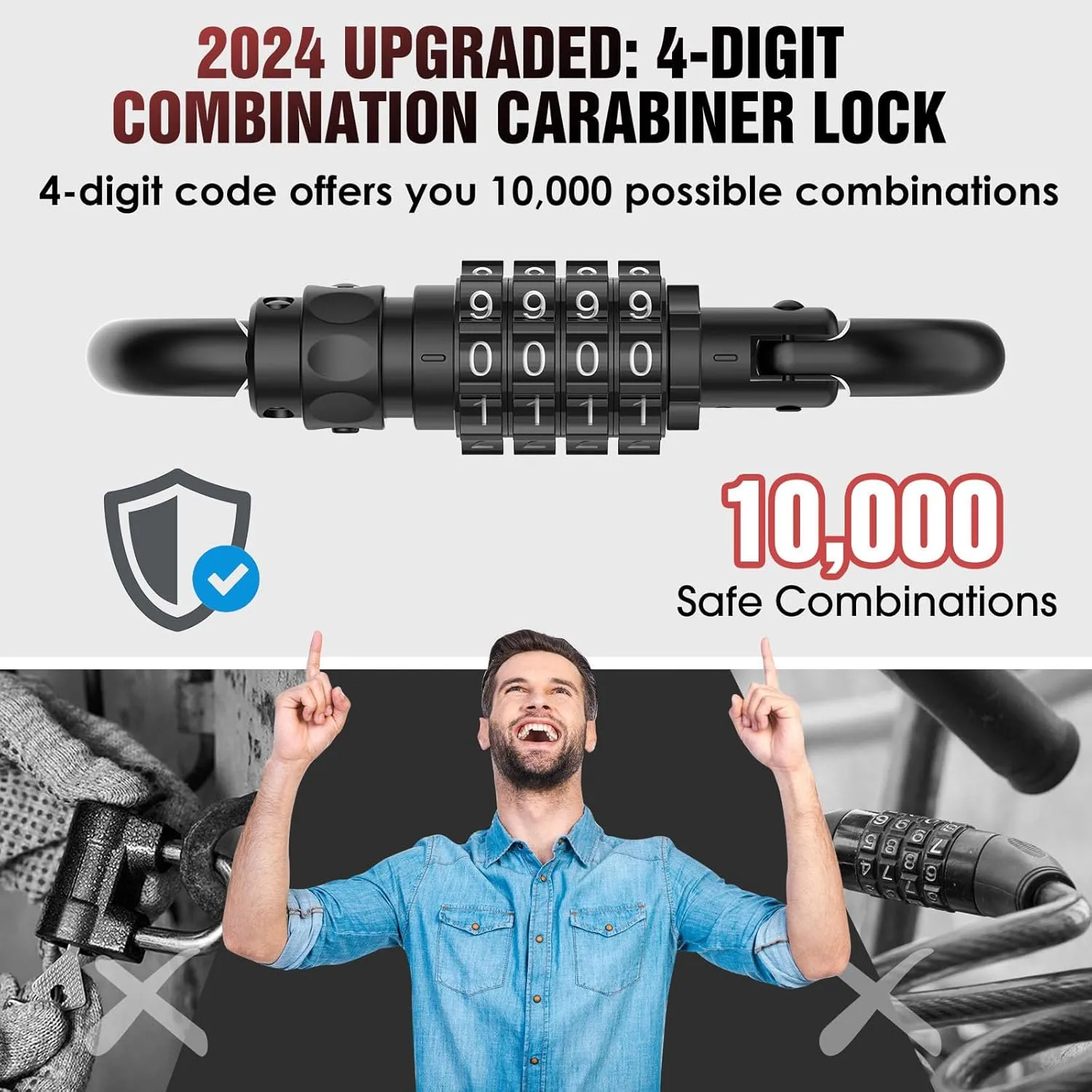 Heavy Duty 4-Digit Combination Locks, 4-Digit Combo Large D-Shaped Carabiner Clip Lock for Backpack, Helmetlok, Suitcase Luggage & Bike Security (2, ‎Black)