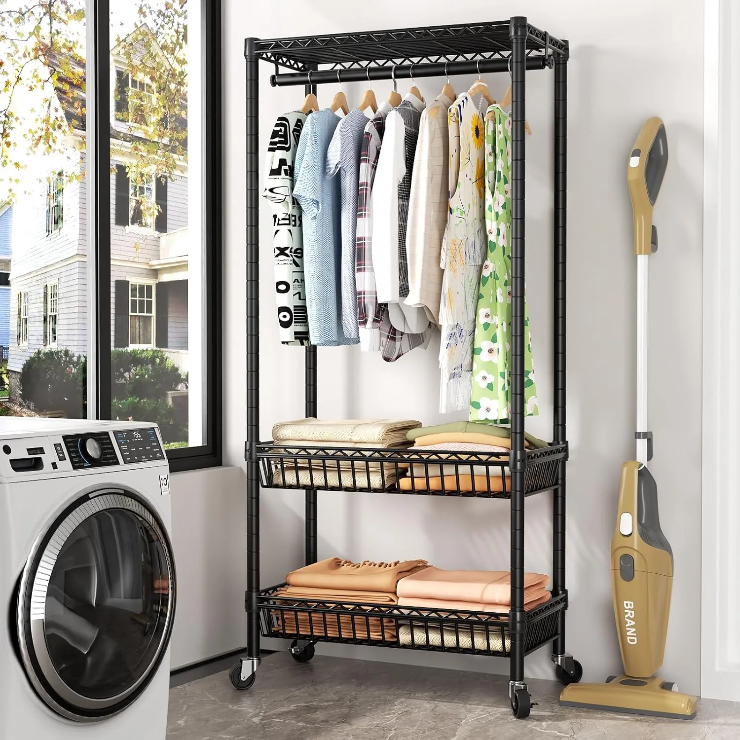 Heavy Duty Clothes Rack Rolling Garment Rack,Adjustable Wire Shelving Clothing Racks for Hanging Clothes with Hanger&Double Basket,Freestanding Metal Wardrobe Storage Portable Closet