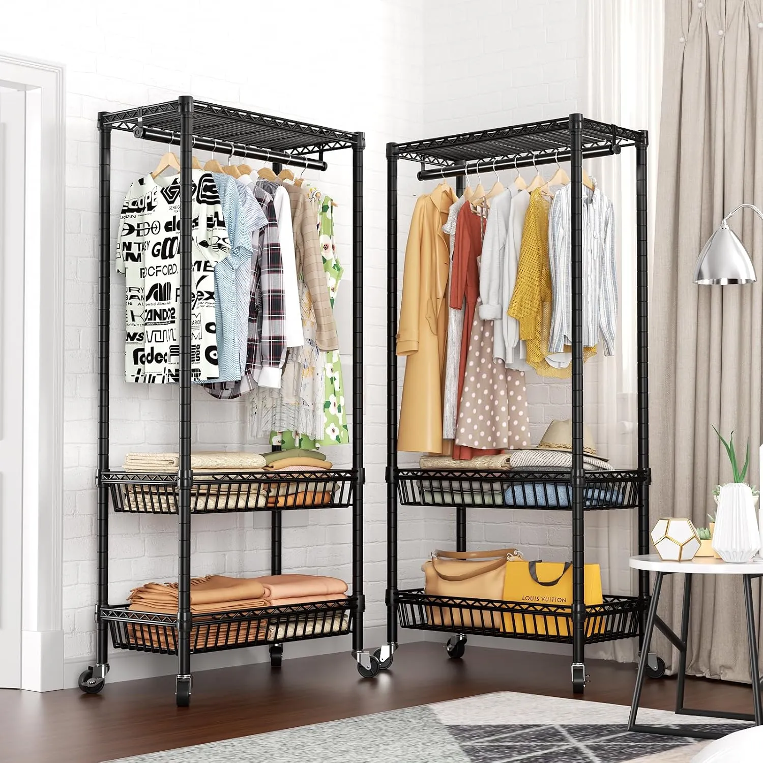 Heavy Duty Clothes Rack Rolling Garment Rack,Adjustable Wire Shelving Clothing Racks for Hanging Clothes with Hanger&Double Basket,Freestanding Metal Wardrobe Storage Portable Closet