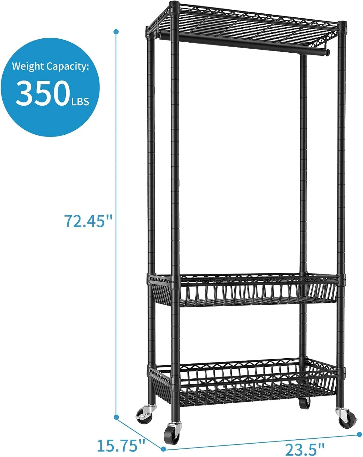 Heavy Duty Clothes Rack Rolling Garment Rack,Adjustable Wire Shelving Clothing Racks for Hanging Clothes with Hanger&Double Basket,Freestanding Metal Wardrobe Storage Portable Closet