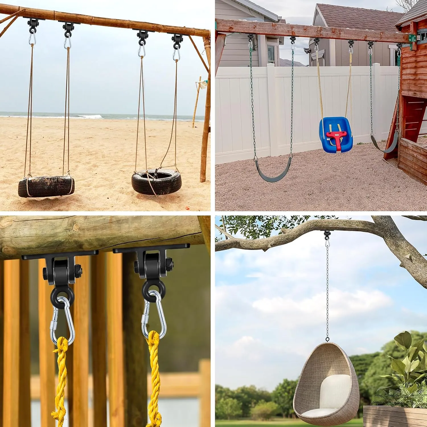 Heavy Duty Swing Hangers for Wooden Sets Playground Porch Indoor Outdoor & Hanging with Snap Hooks (4 pcs Black)