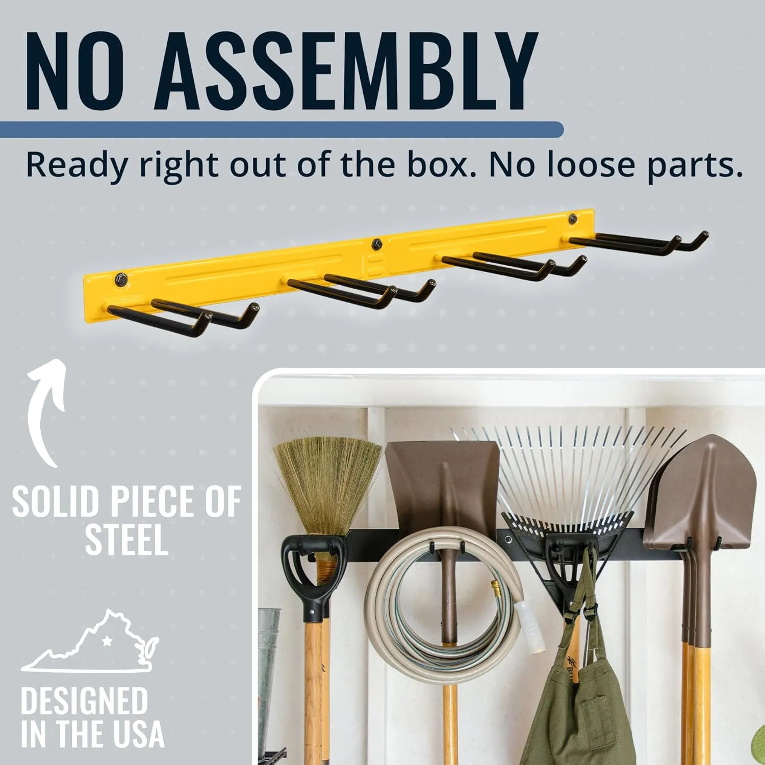 Heavy-Duty Yard Tool Organizer, Garage Organization, Rubber-Coated Steel Hooks Hold 250 lbs of Rakes and Shovels