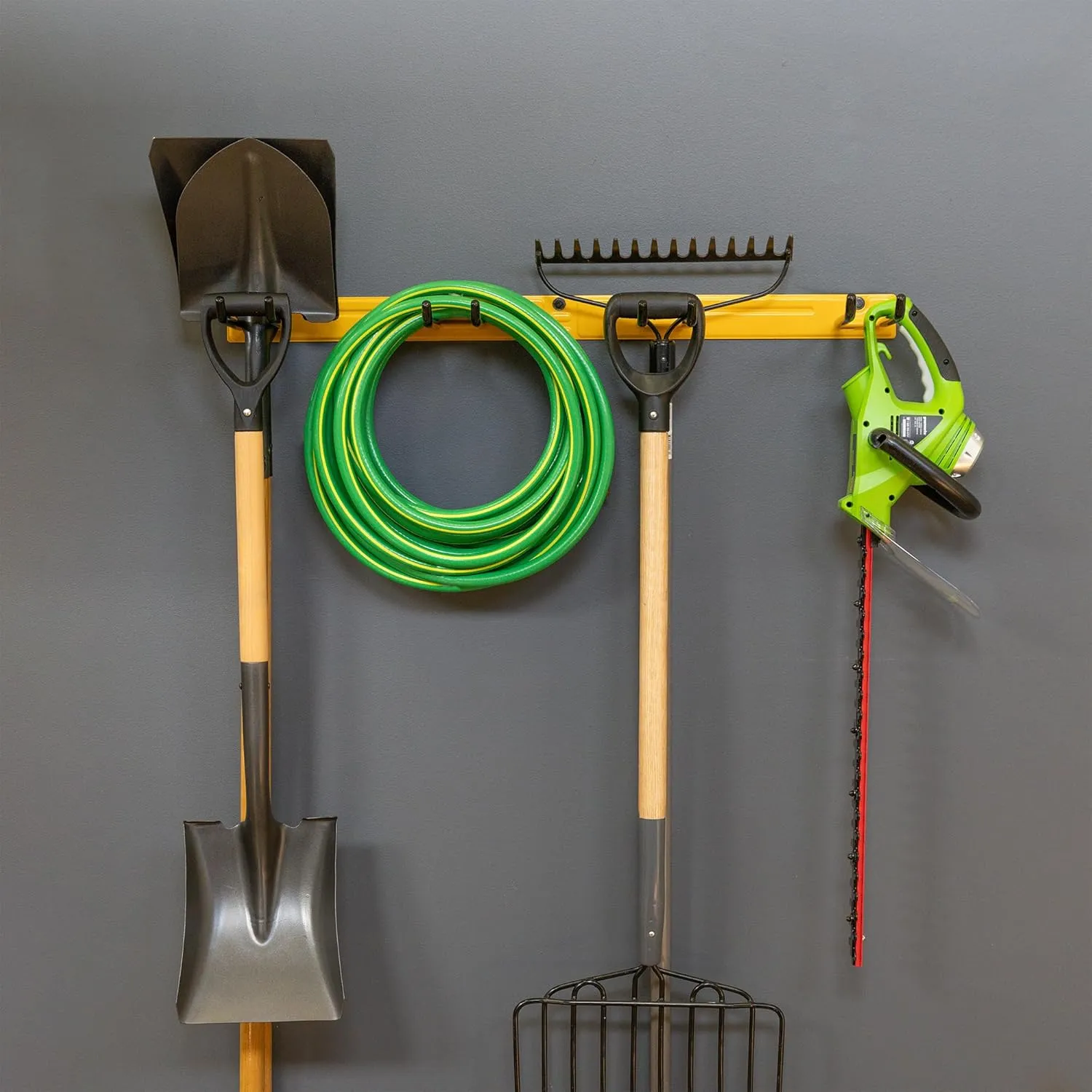Heavy-Duty Yard Tool Organizer, Garage Organization, Rubber-Coated Steel Hooks Hold 250 lbs of Rakes and Shovels