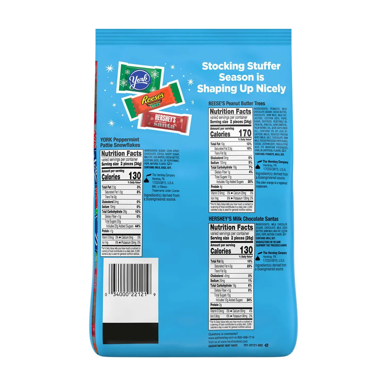 HERSHEY'S, REESE'S and YORK Assorted Chocolate, Christmas Stocking Stuffer Candy Bulk Bag, 36 oz