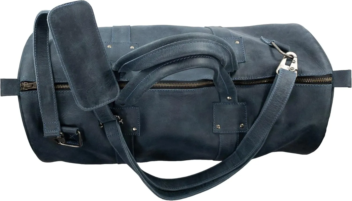 Hide & Drink, Luggage Duffle Bag with Detachable Shoulder Strap, Inner Keyring Holder, Messenger Bag, Travel Bag, Full Grain Leather, Handmade, Slate Blue