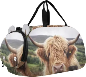 Highland Cow Duffle Bag for Girl, Sports Duffle Gym Bags with Shoe Compartment, Personalized Overnight Bag Travel Weekender for Kids