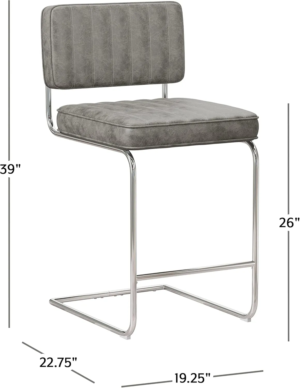 Hillsdale, Breuer Metal Counter Height Stools with Vertical Tufting, Set of 2, Gray