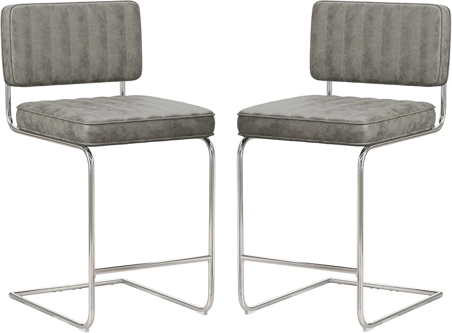 Hillsdale, Breuer Metal Counter Height Stools with Vertical Tufting, Set of 2, Gray