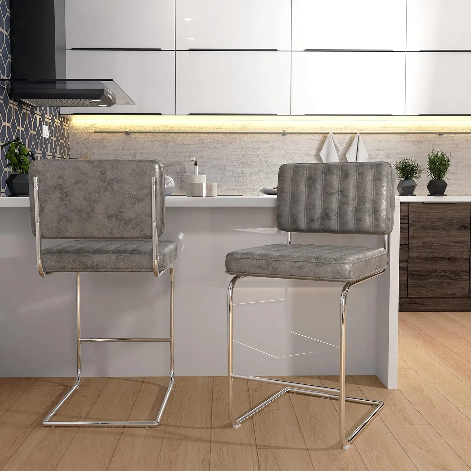 Hillsdale, Breuer Metal Counter Height Stools with Vertical Tufting, Set of 2, Gray