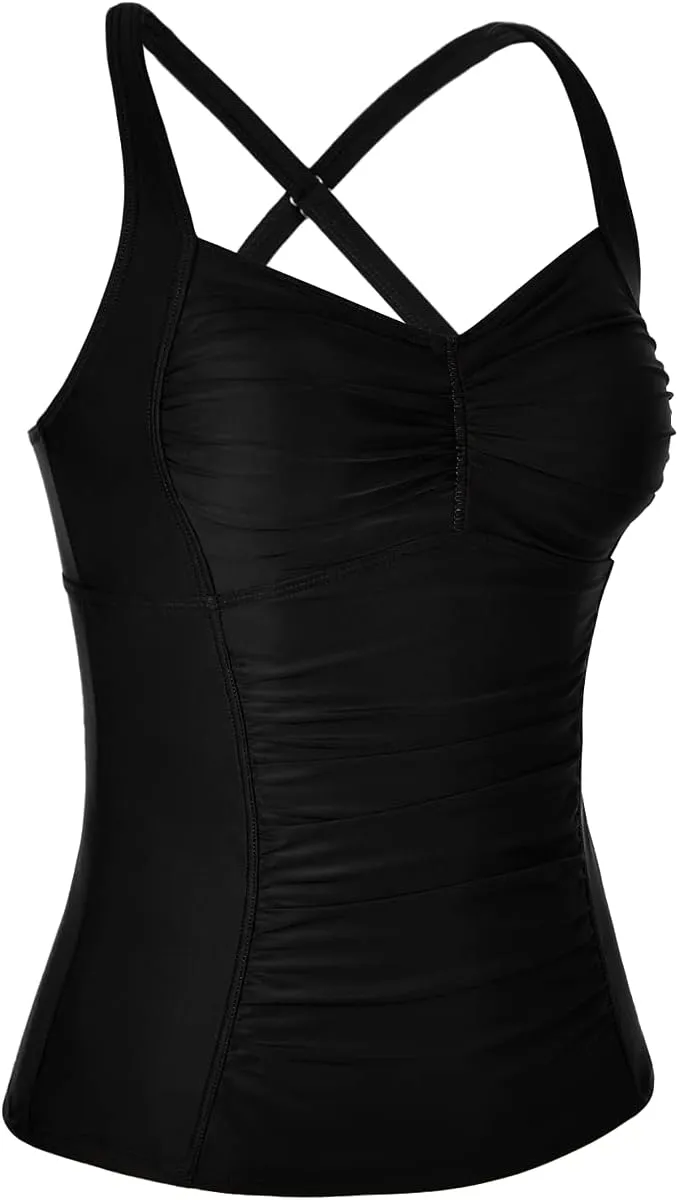 Hilor Women's Tankini Tops Shirred Tummy Control Swimsuits Cross Back Tankini Swimwear Tops