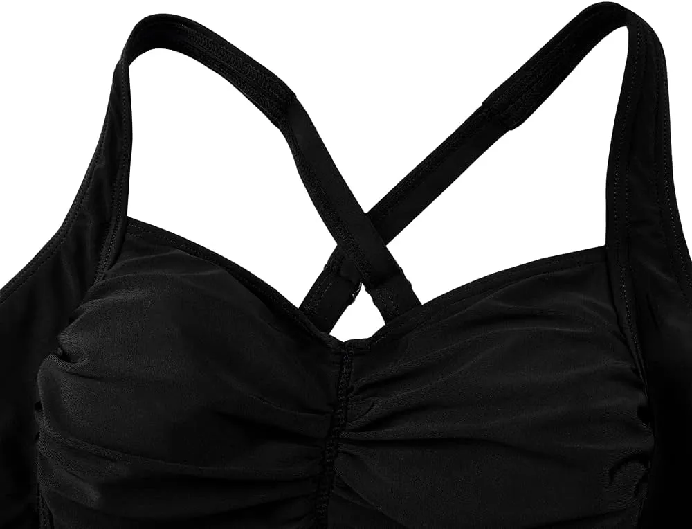 Hilor Women's Tankini Tops Shirred Tummy Control Swimsuits Cross Back Tankini Swimwear Tops