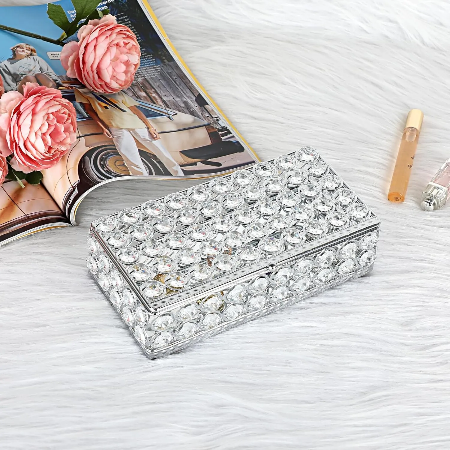 Hipiwe Crystal Jewelry Trinket Box Rectangular Treasure Chest Box Mirrored Keepsake Box Decorative Jewelry Display Case for Earrings Rings Storage Box Gift for Women,Silver