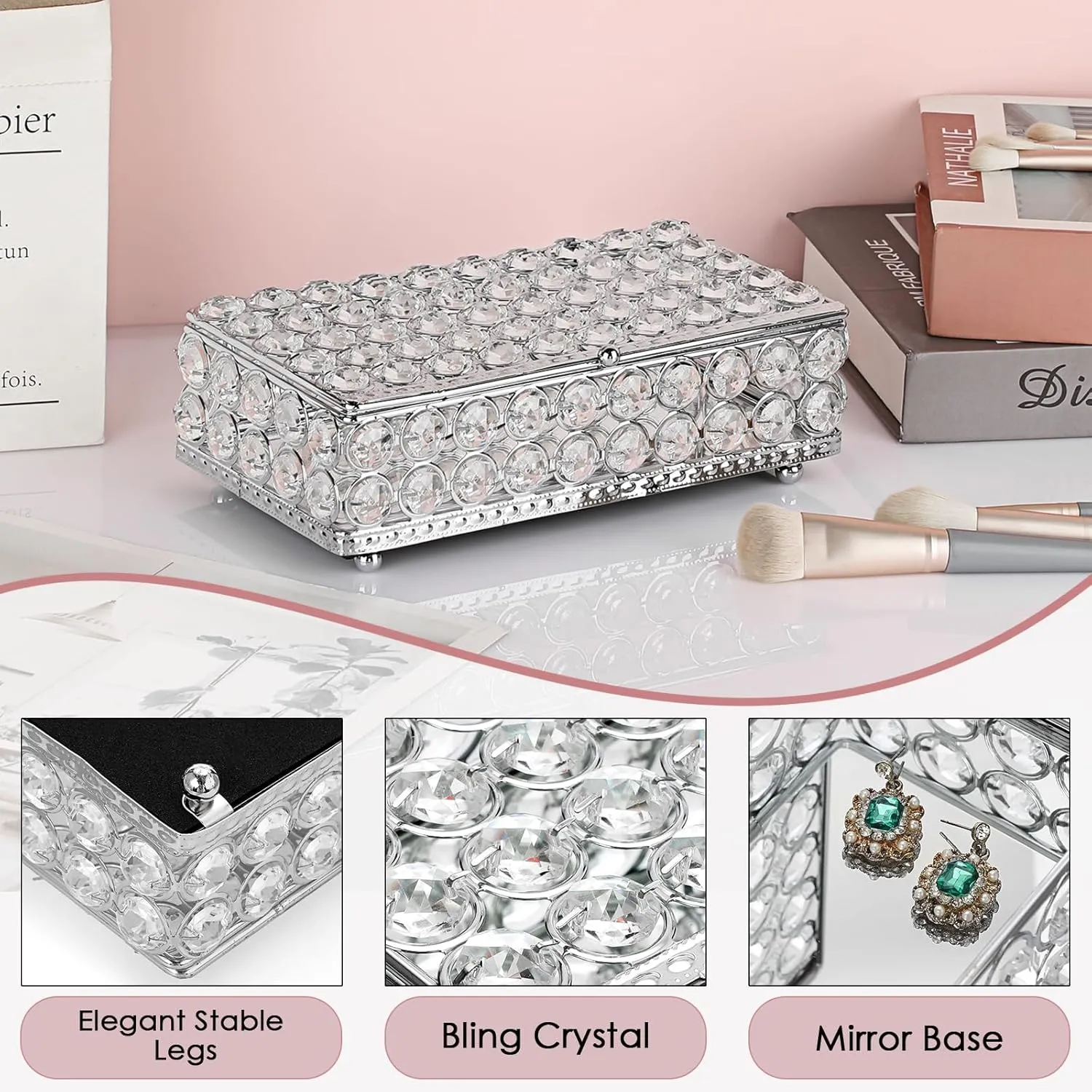 Hipiwe Crystal Jewelry Trinket Box Rectangular Treasure Chest Box Mirrored Keepsake Box Decorative Jewelry Display Case for Earrings Rings Storage Box Gift for Women,Silver