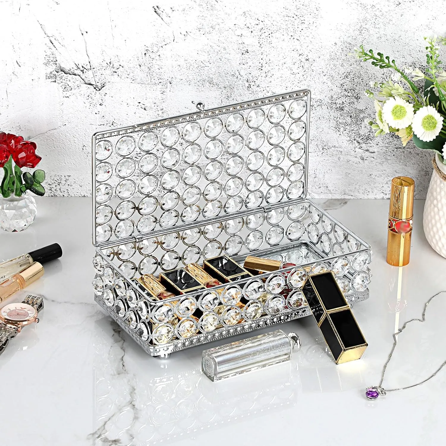 Hipiwe Crystal Jewelry Trinket Box Rectangular Treasure Chest Box Mirrored Keepsake Box Decorative Jewelry Display Case for Earrings Rings Storage Box Gift for Women,Silver