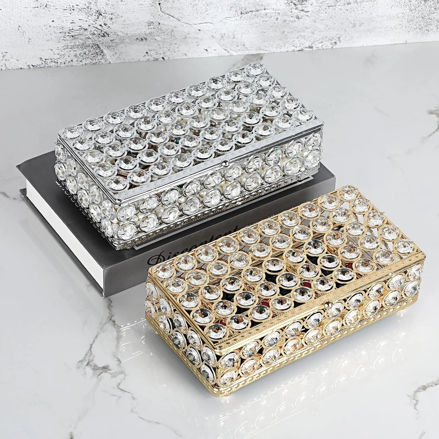 Hipiwe Crystal Jewelry Trinket Box Rectangular Treasure Chest Box Mirrored Keepsake Box Decorative Jewelry Display Case for Earrings Rings Storage Box Gift for Women,Silver