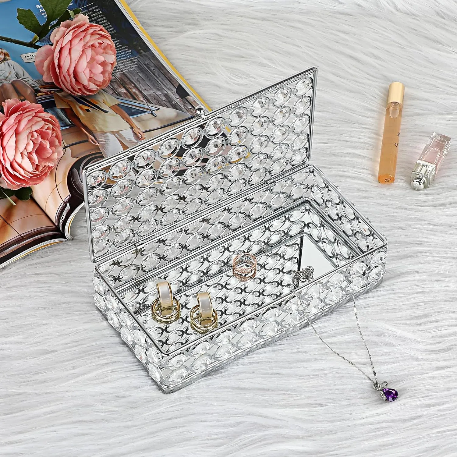 Hipiwe Crystal Jewelry Trinket Box Rectangular Treasure Chest Box Mirrored Keepsake Box Decorative Jewelry Display Case for Earrings Rings Storage Box Gift for Women,Silver