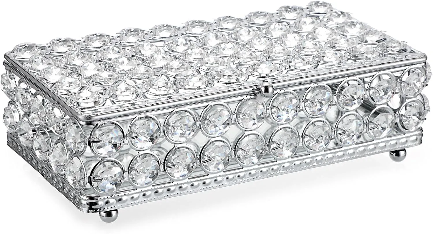 Hipiwe Crystal Jewelry Trinket Box Rectangular Treasure Chest Box Mirrored Keepsake Box Decorative Jewelry Display Case for Earrings Rings Storage Box Gift for Women,Silver