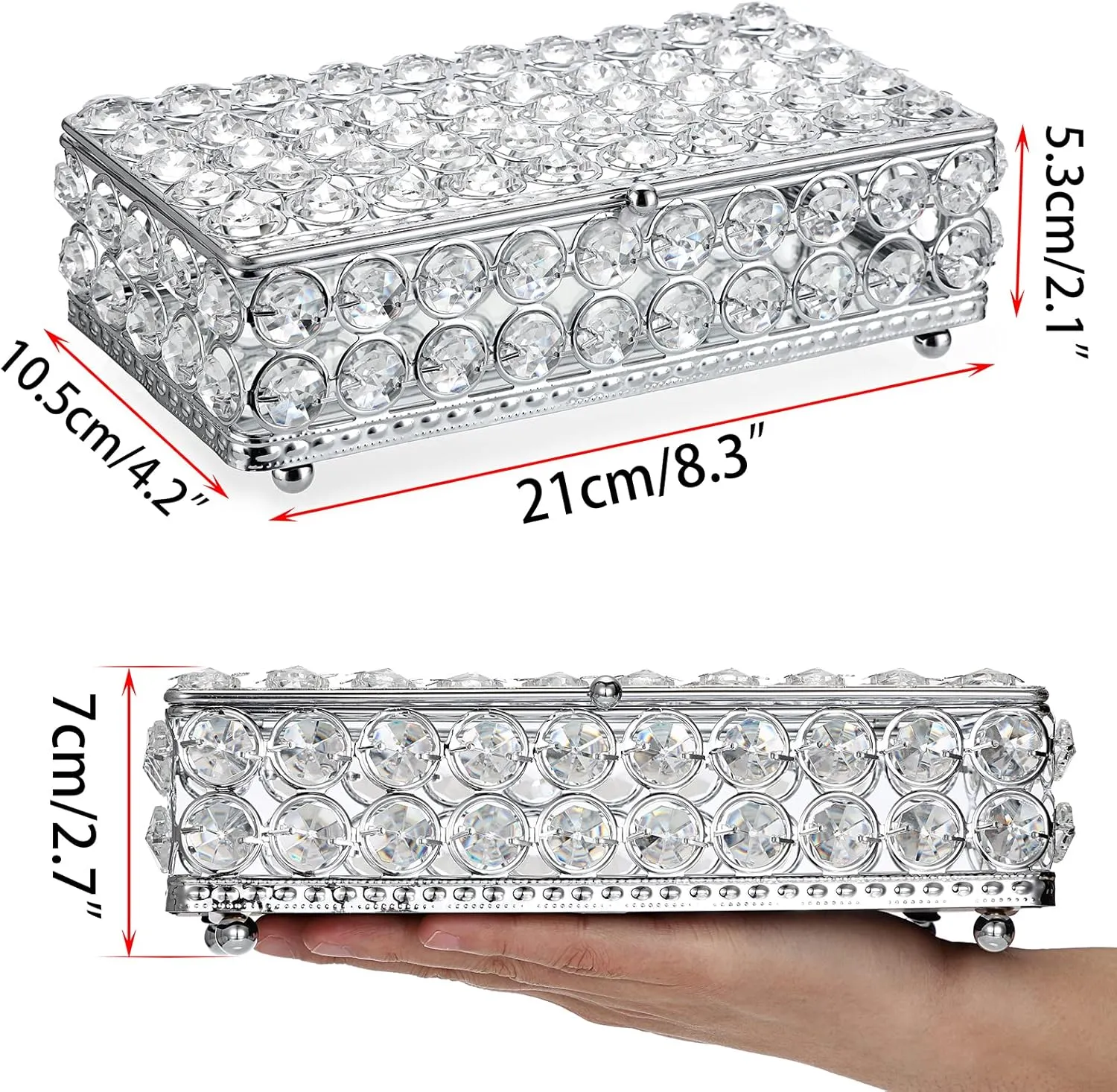 Hipiwe Crystal Jewelry Trinket Box Rectangular Treasure Chest Box Mirrored Keepsake Box Decorative Jewelry Display Case for Earrings Rings Storage Box Gift for Women,Silver