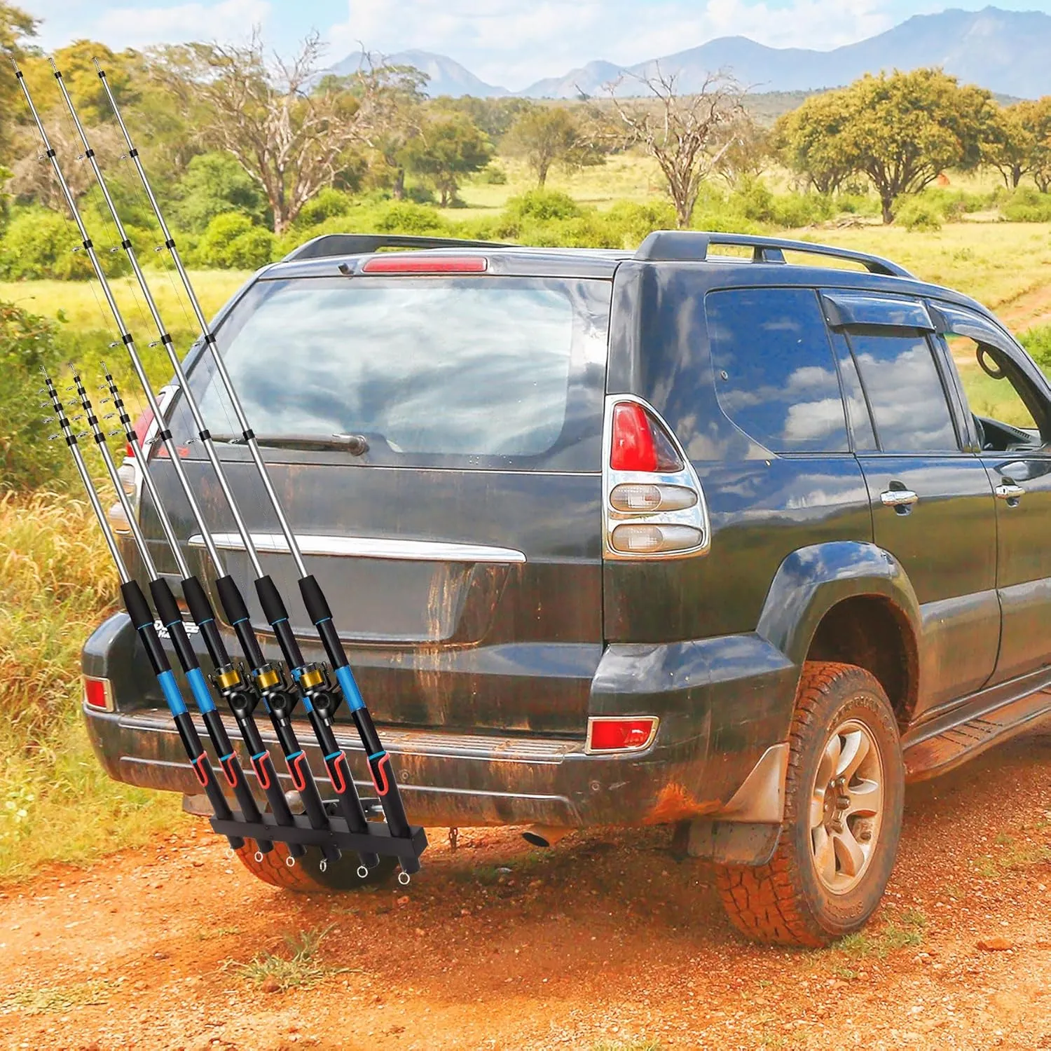 Hitch Fishing Rod Holder for Trucks for 2" Hitch Receiver, Stainless Steel Fishing Rod Rack with Reflective Warning Strip, Fishing Pole Holder