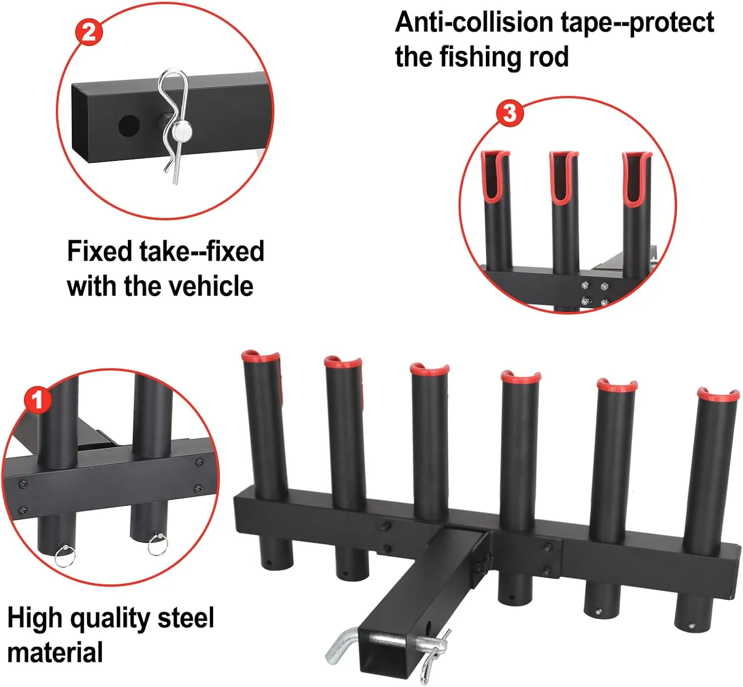 Hitch Fishing Rod Holder for Trucks for 2" Hitch Receiver, Stainless Steel Fishing Rod Rack with Reflective Warning Strip, Fishing Pole Holder