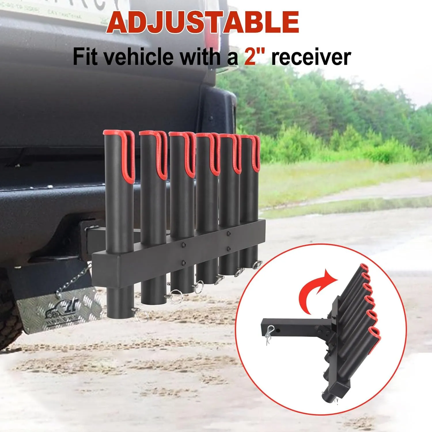 Hitch Fishing Rod Holder for Trucks for 2" Hitch Receiver, Stainless Steel Fishing Rod Rack with Reflective Warning Strip, Fishing Pole Holder