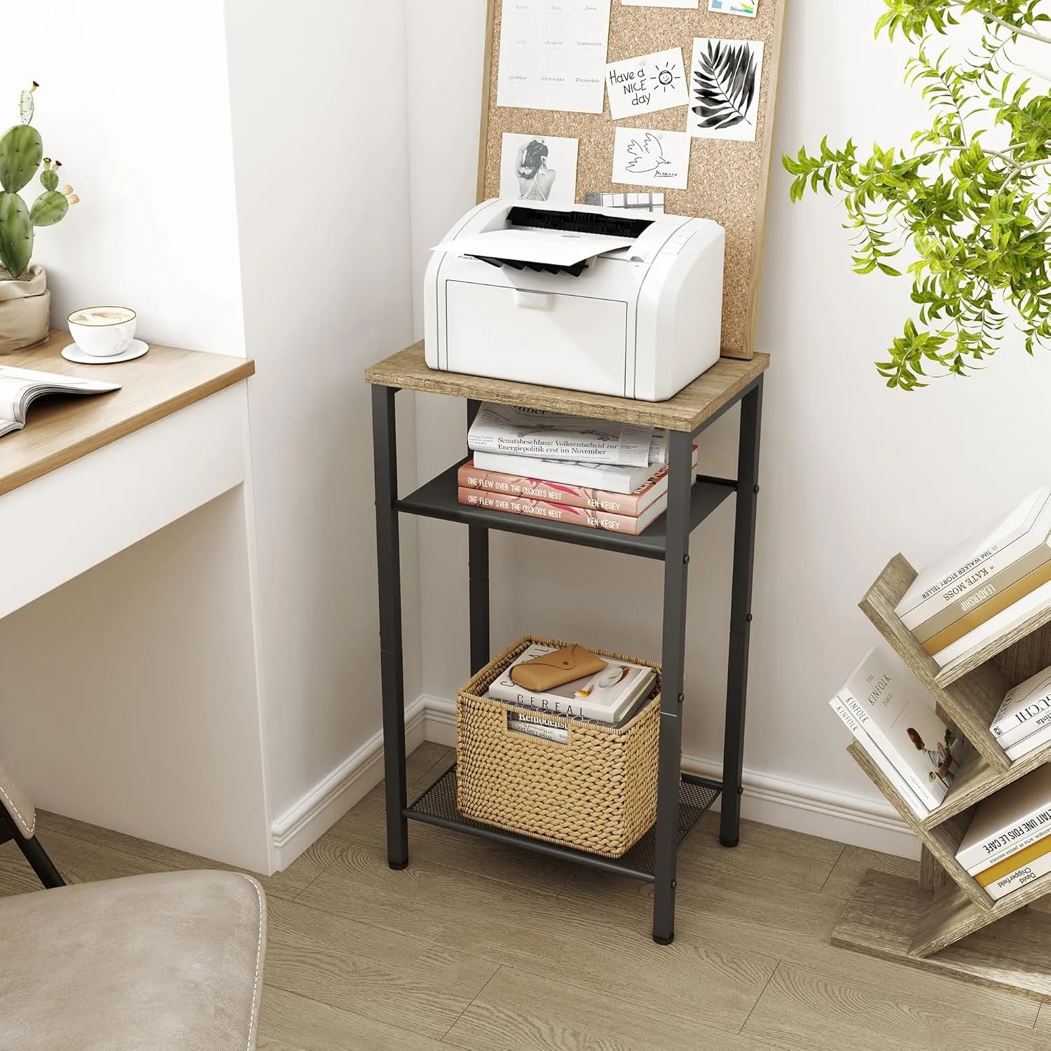 Hoctieon 3 Tier End Table, Telephone Table, Tall Side Table with Storage, Small Nightstand for Small Spaces, Metal Frame, For Living Room, Bedroom, Sofa Couch, Hall, Easy Assembly, Greige